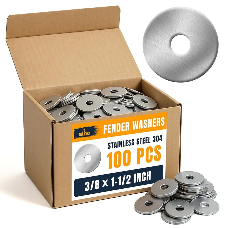 ALBO 100 Pcs Stainless Steel Fender Flat Washers 3/8" x 1-1/2" for Bolts and Screws, 304 Stainless Steel Hardware for Construction and DIY - Image 1